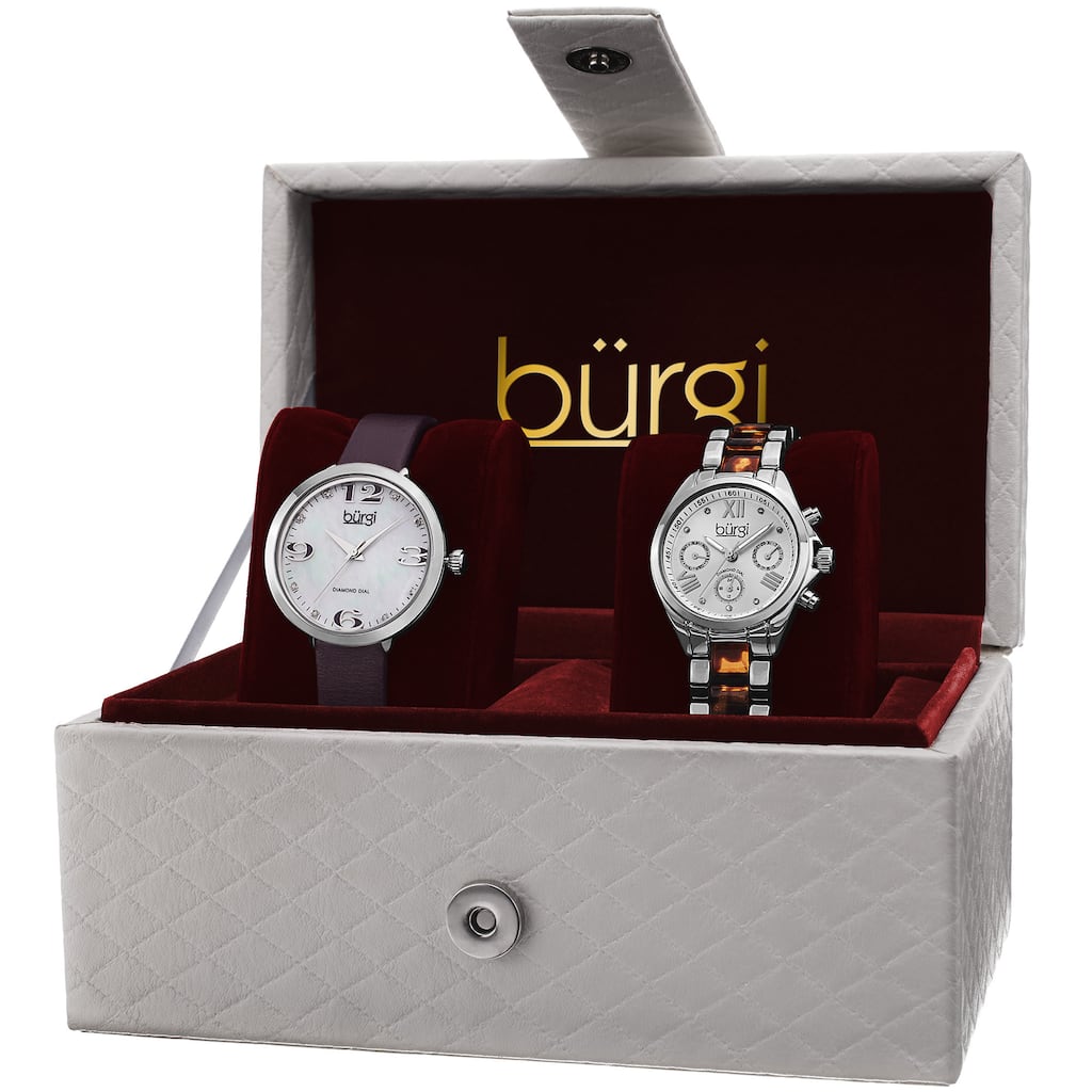 Burgi Classic Women's Quartz Multifunction Diamond Silver-Tone Strap/ Bracelet Watch Set - silver
