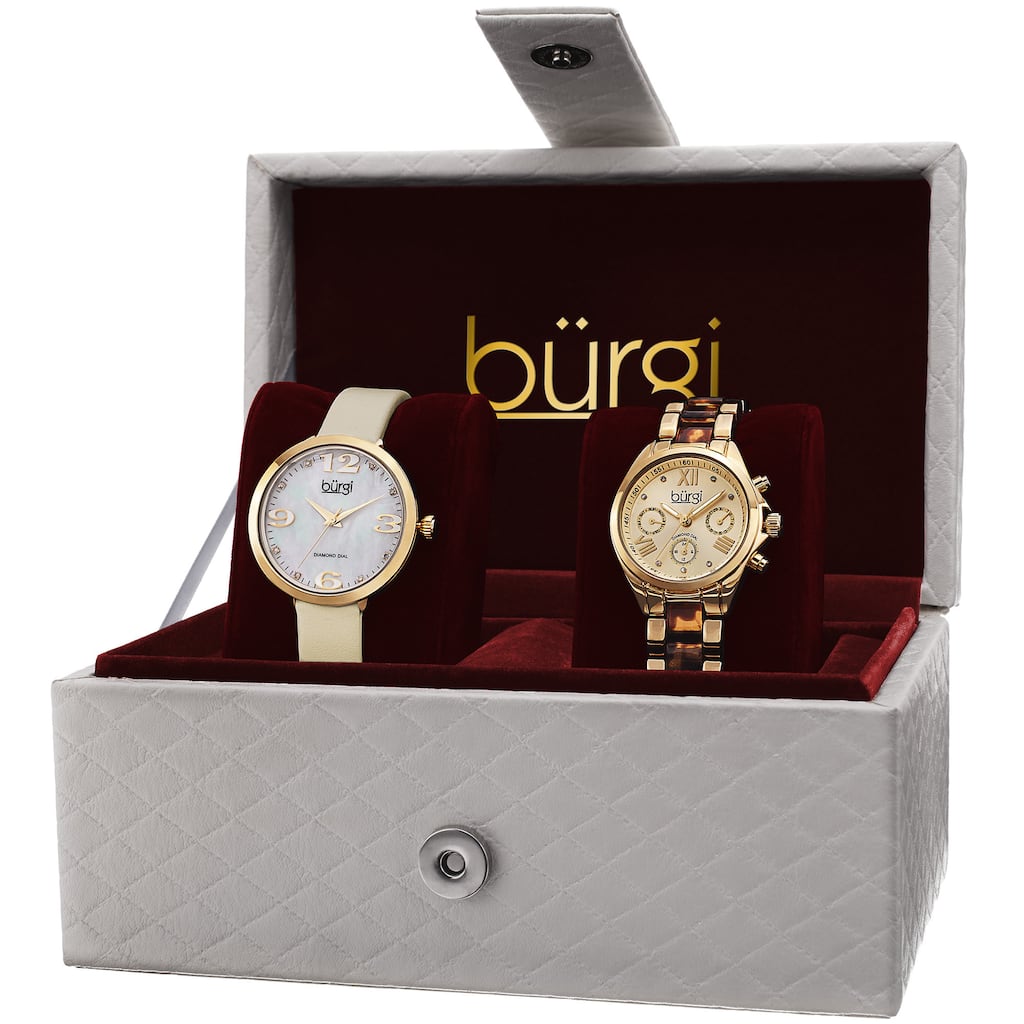 Burgi Classic Women's Quartz Multifunction Diamond Gold-Tone Strap/ Bracelet Watch Set - Gold