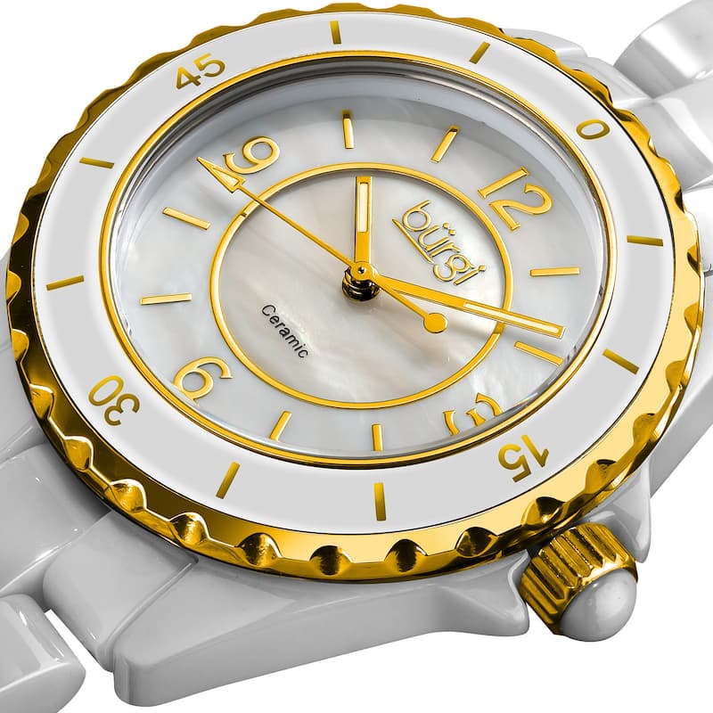 Burgi Women's Quartz Step Dial Ceramic White Bracelet Watch