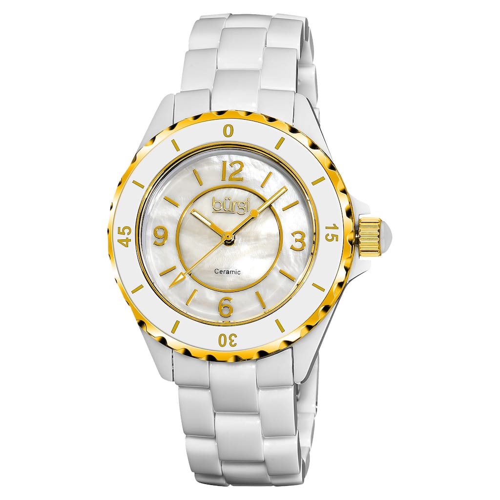 Burgi Women's Quartz Step Dial Ceramic White Bracelet Watch