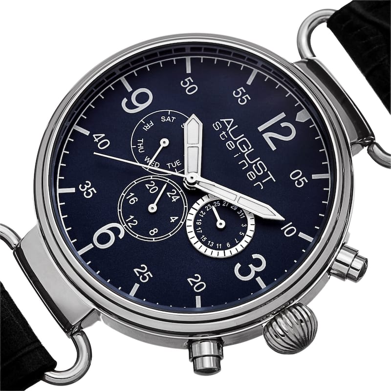 August Steiner Men's Swiss Quartz Multifunction Leather Black Strap Watch