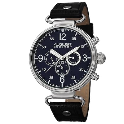 August Steiner Men's Swiss Quartz Multifunction Leather Black Strap Watch