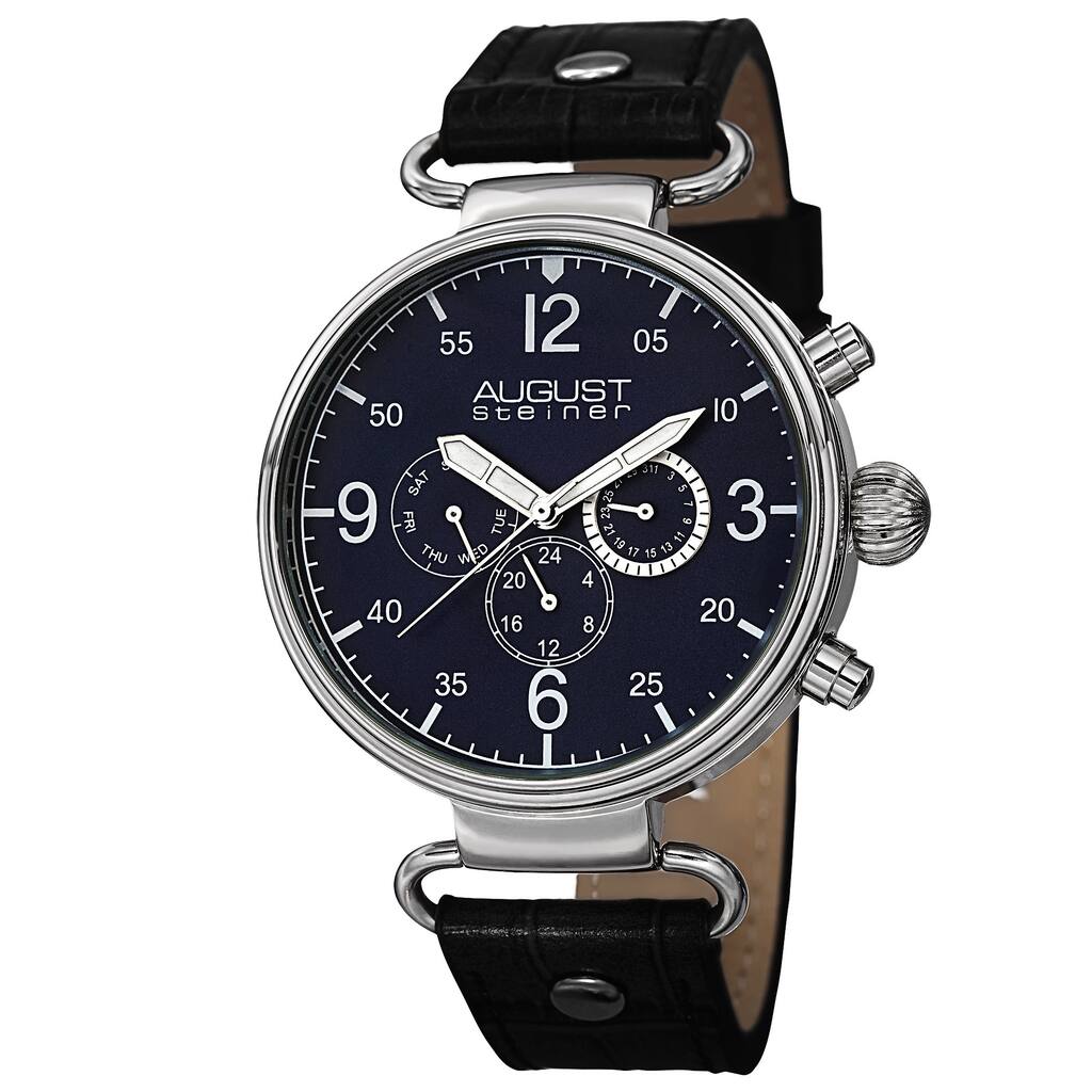 August Steiner Men's Swiss Quartz Multifunction Leather Black Strap Watch