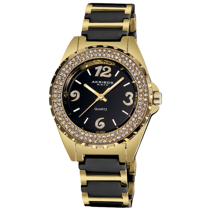 Akribos XXIV Women's Crystal-Accented Quartz Ceramic Two Tone Bracelet Watch - GOLD