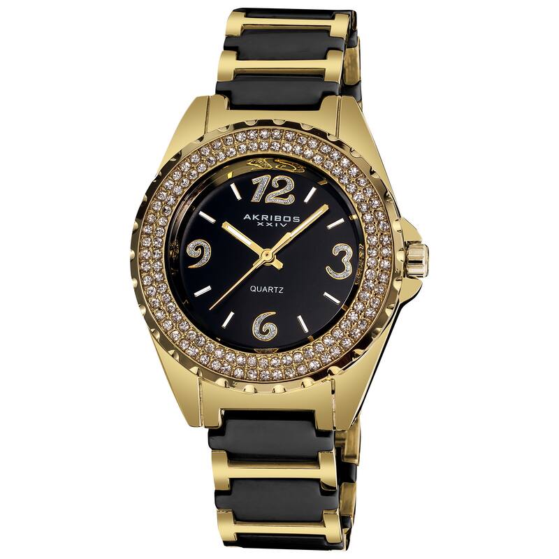 Akribos XXIV Women's Crystal-Accented Quartz Ceramic Two Tone Bracelet Watch - GOLD