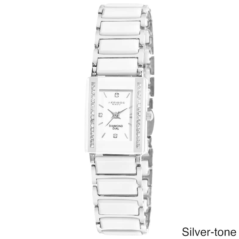 Akribos XXIV Women's Rectangular Diamond-Accented Ceramic Quartz Bracelet Watch - Silver Tone