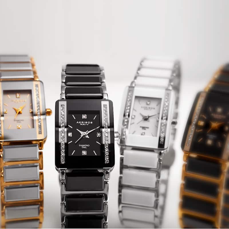 Akribos XXIV Women's Rectangular Diamond-Accented Ceramic Quartz Bracelet Watch