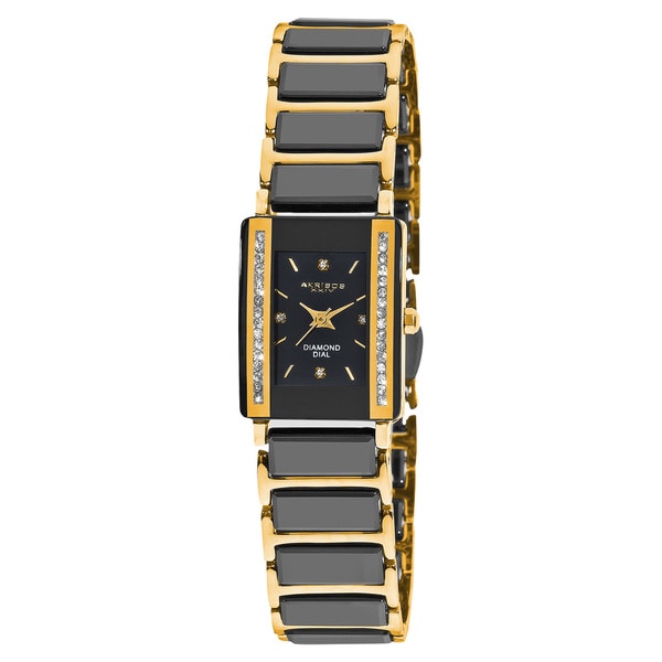 Akribos XXIV Women's Rectangular Diamond-Accented Ceramic Quartz Bracelet Watch with FREE Bangle