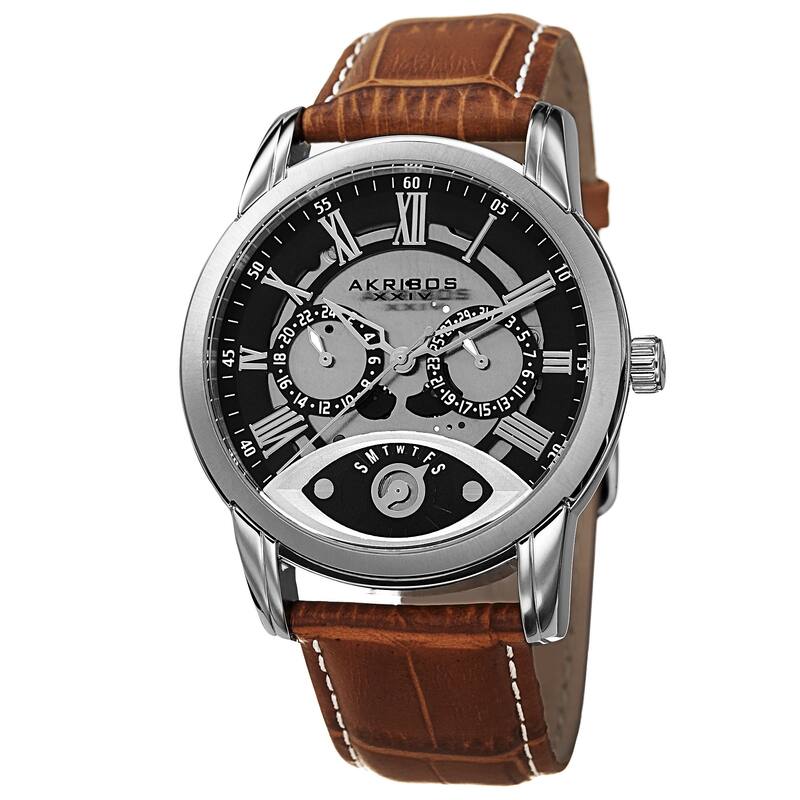 Akribos XXIV Men's Multifunction Step Dial Leather Brown Strap Watch
