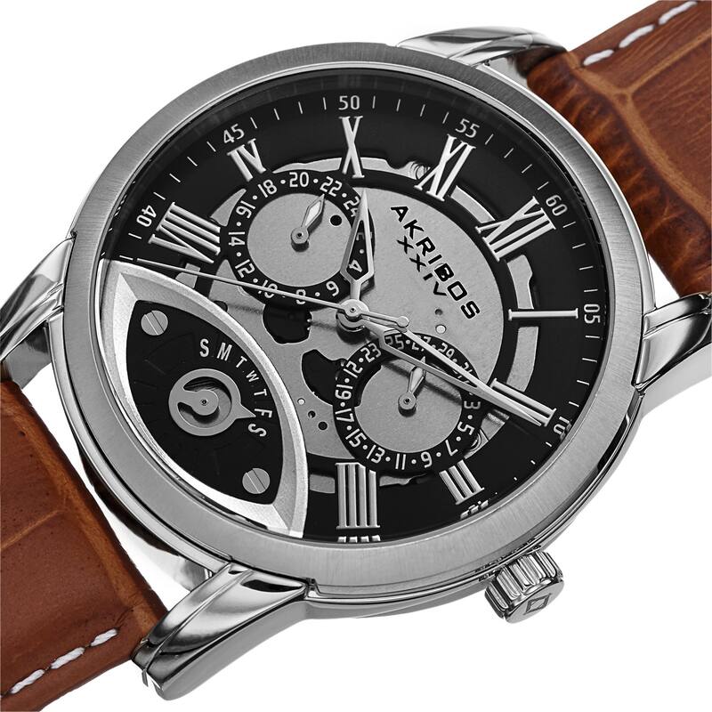 Akribos XXIV Men's Multifunction Step Dial Leather Brown Strap Watch