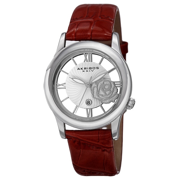 Akribos XXIV Womens Floral Japanese Quartz Leather Strap Watch