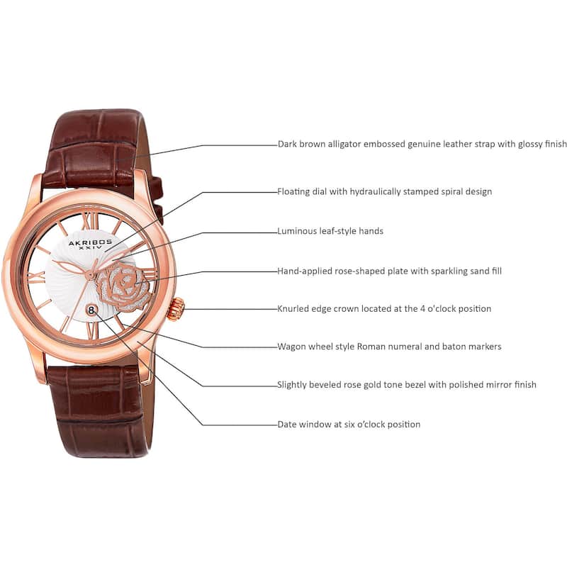 Akribos XXIV Women's Floral Quartz Leather Rose-Tone Strap Watch - brown