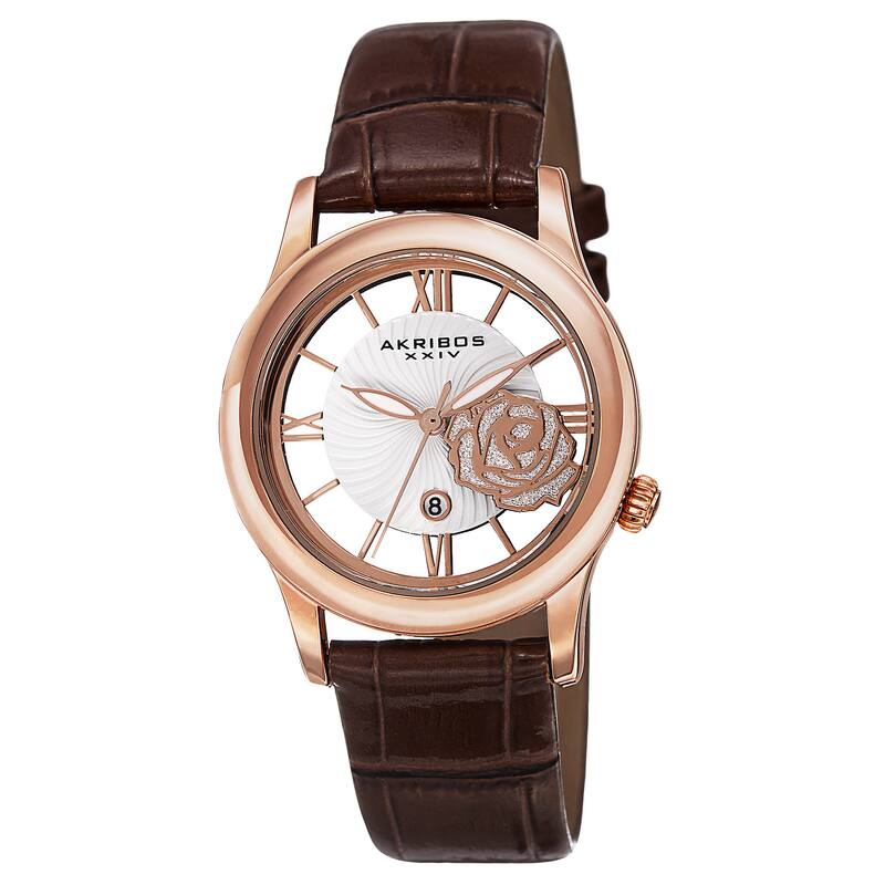 Akribos XXIV Women's Floral Quartz Leather Rose-Tone Strap Watch - brown