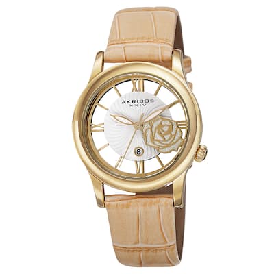 Akribos XXIV Women's Floral Quartz Leather Strap Watch - GOLD