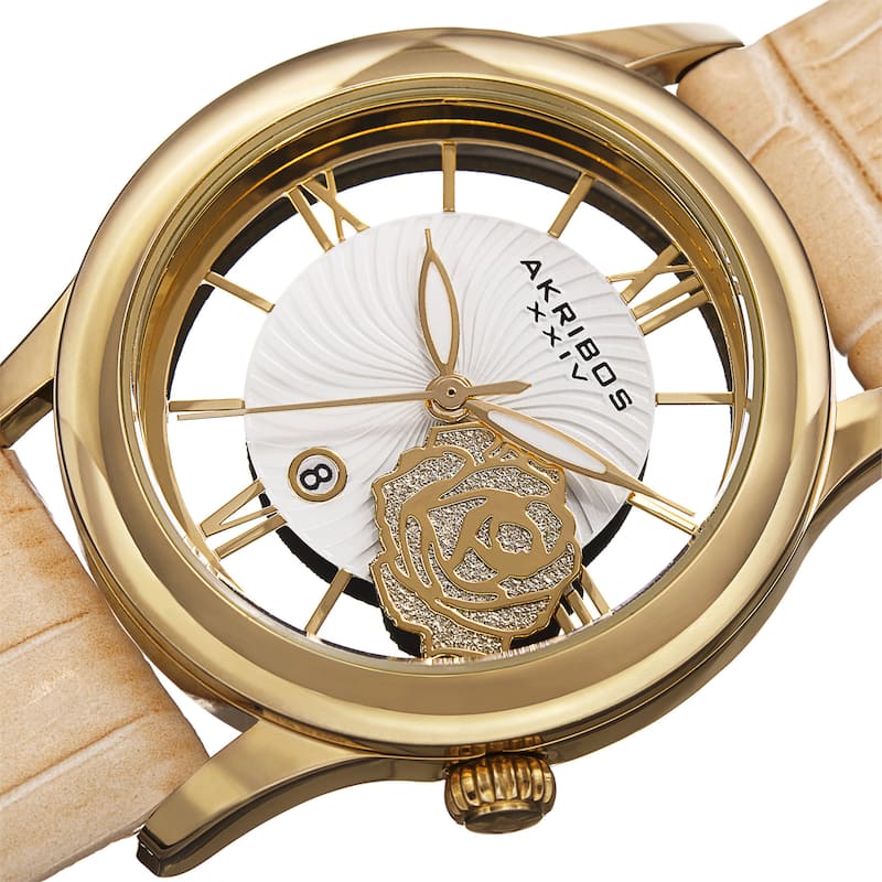 Akribos XXIV Women's Floral Quartz Leather Strap Watch - GOLD