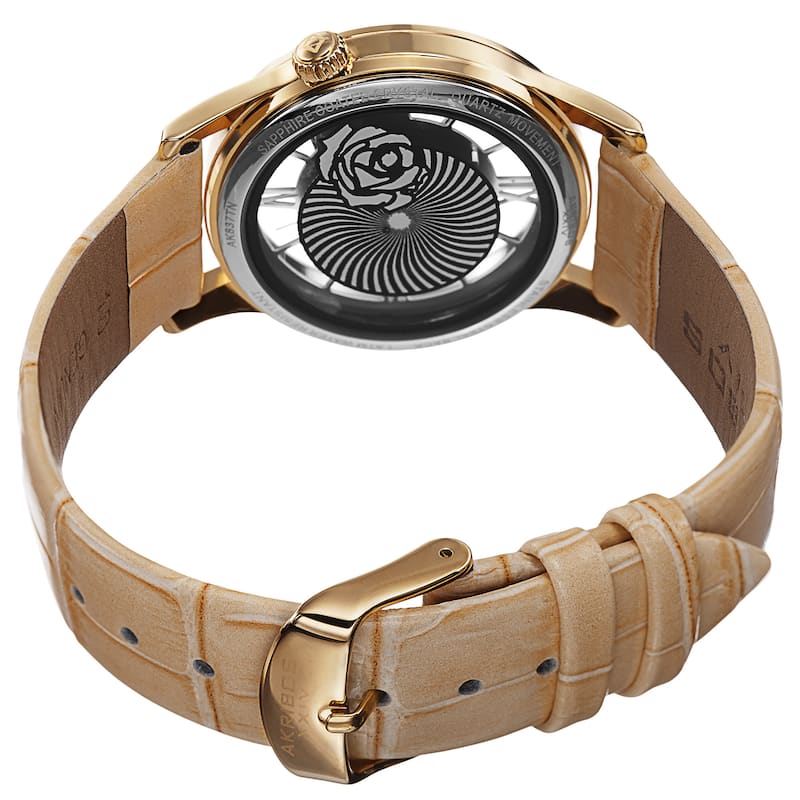 Akribos XXIV Women's Floral Quartz Leather Strap Watch - GOLD