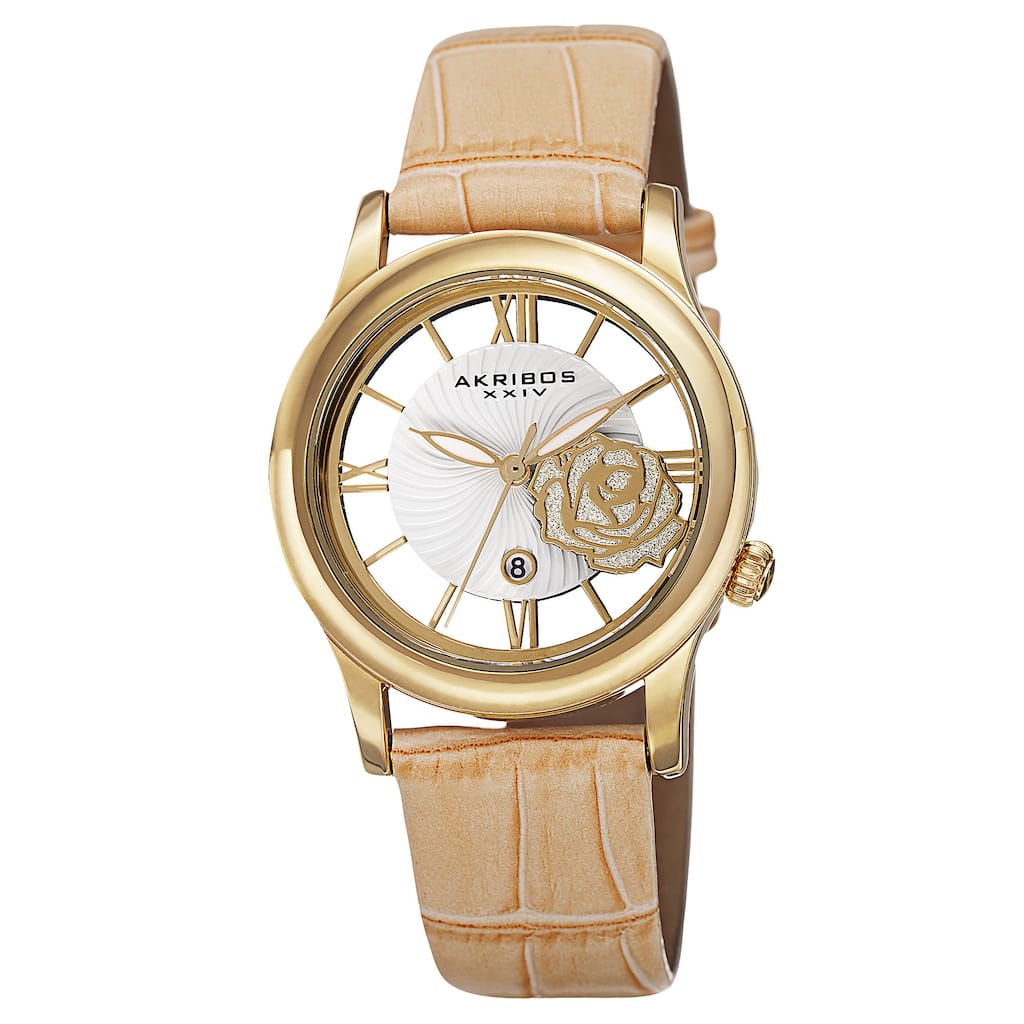 Akribos XXIV Women's Floral Quartz Leather Strap Watch - GOLD