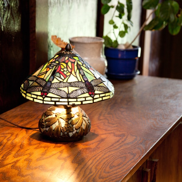 Shop Copper Grove Carnach 10-inch Tiffany Style Stained Glass Mini Dragonfly Table Lamp with ...