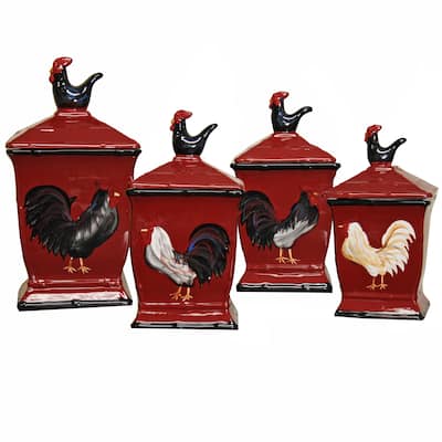 Rooster Country French Hand-painted 4-piece Square Canister Set