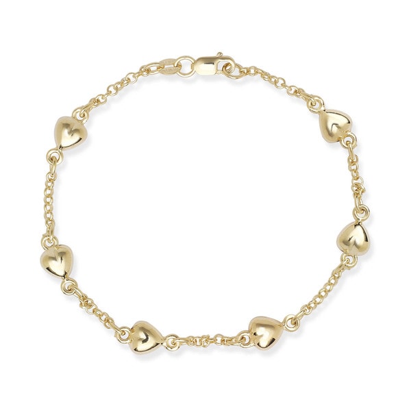14k Gold Puffed Heart Stations 7inch Rolo Bracelet Free Shipping