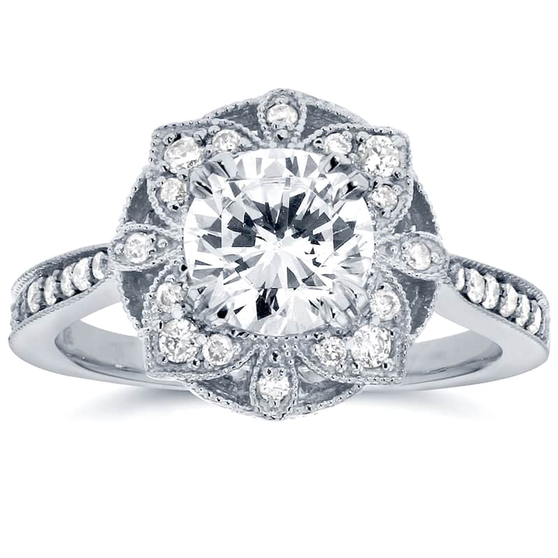 Annello by Kobelli 14k White Gold 1 1/4ct TGW Round Moissanite and Diamond Vintage Floral Engagement Ring - 4