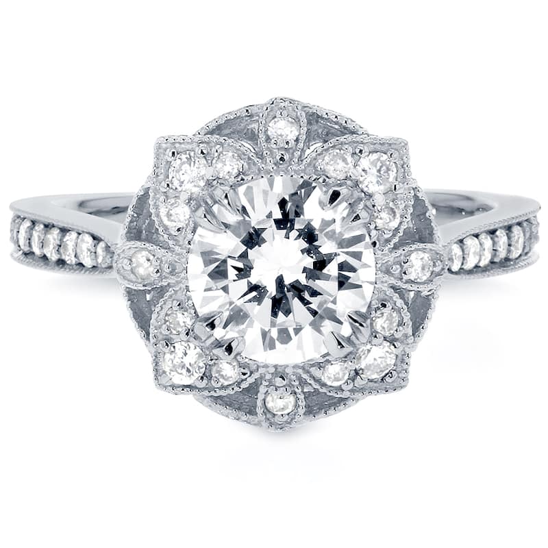 Annello by Kobelli 14k White Gold 1 1/4ct TGW Round Moissanite and Diamond Vintage Floral Engagement Ring