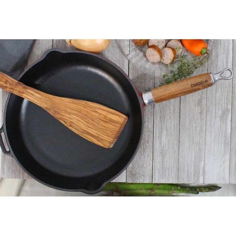 Chasseur 10-inch Red French Enameled Cast Iron Fry pan with Wooden Handle