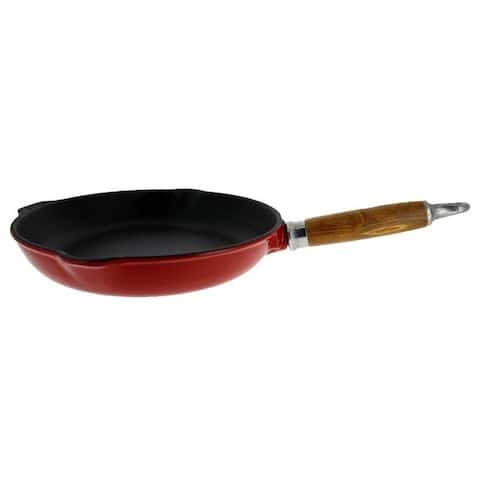 Chasseur 10-inch Red French Enameled Cast Iron Fry pan with Wooden Handle
