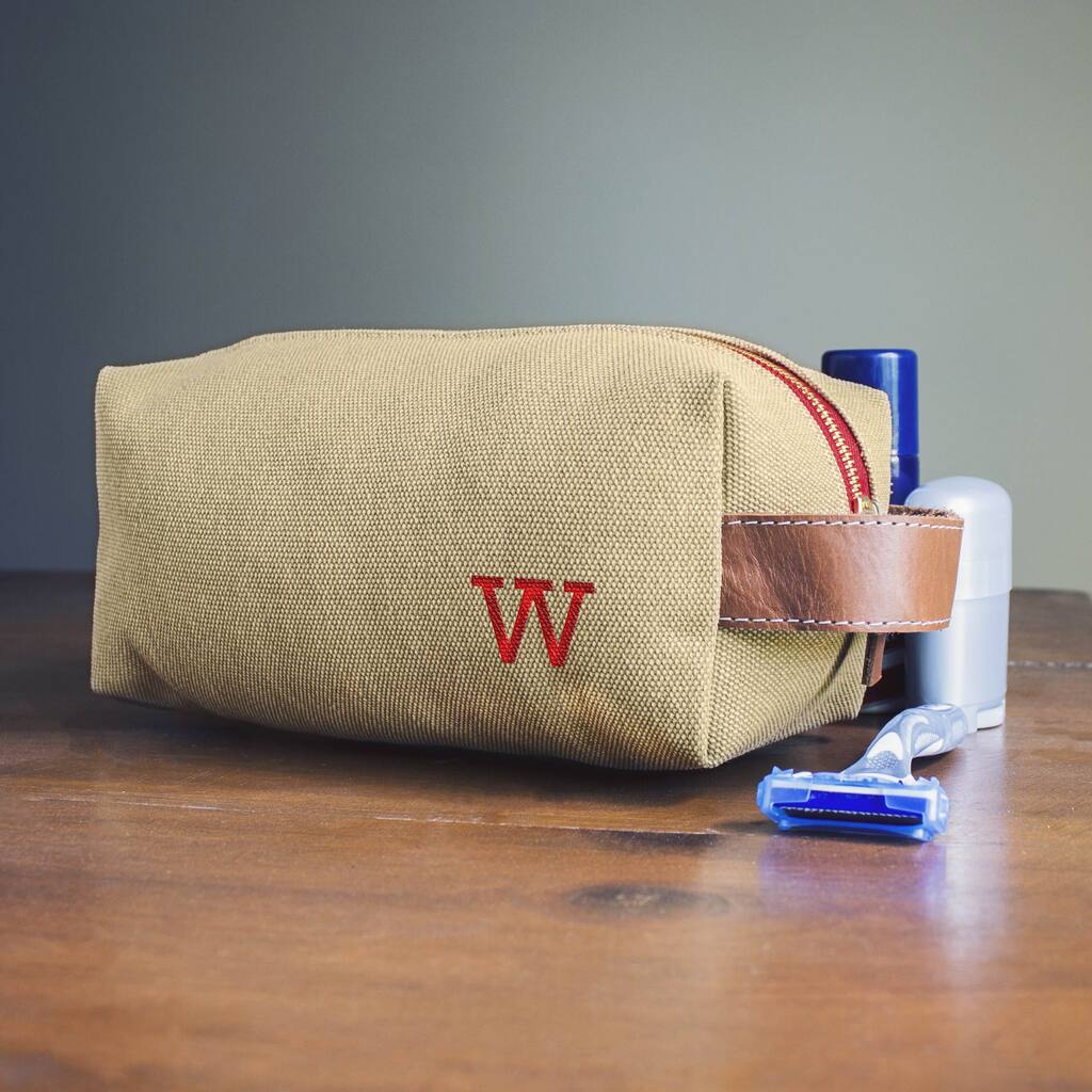 Personalized Tan Waxed Canvas and Leather Dopp Kit