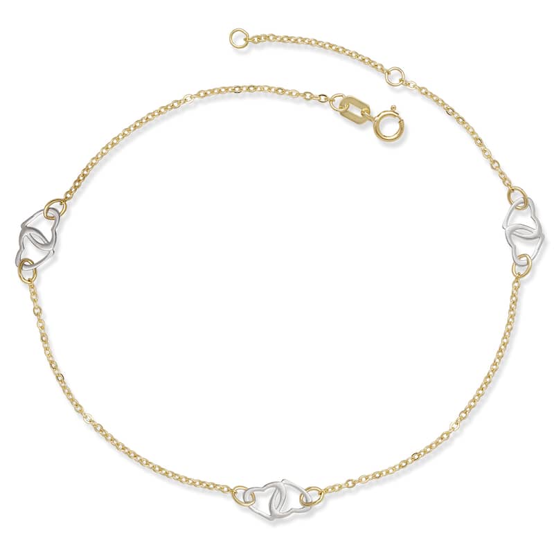Curata 14k Two-tone Gold 10" Adjustable Interlocking Hearts Station Anklet - Over 9 Inches - Yellow