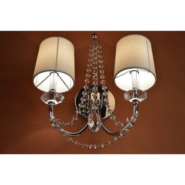 Modern Elegance Collection 2-light Chrome Finish and Clear Crystal Wall Sconce Light with White Silk Shade