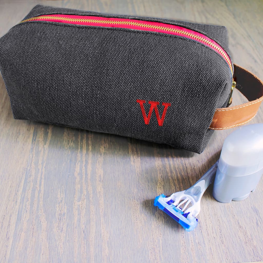 Personalized Charcoal Waxed Canvas and Leather Dopp Kit