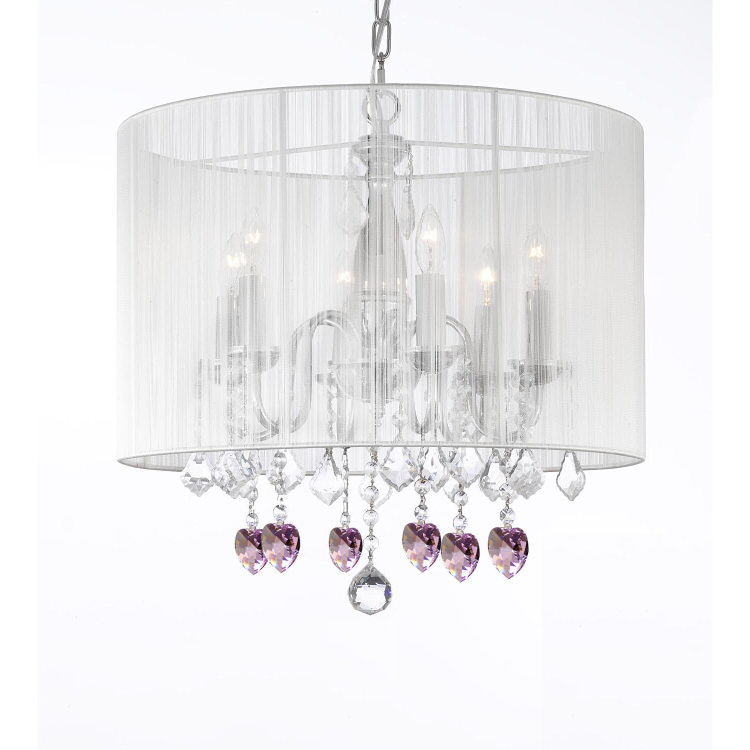 Gallery Chandelier 6 Lights with Crystals Large White Shade and Pink Crystal Hearts (pink hearts) - Chandeliers For Bedrooms by Overstock.com