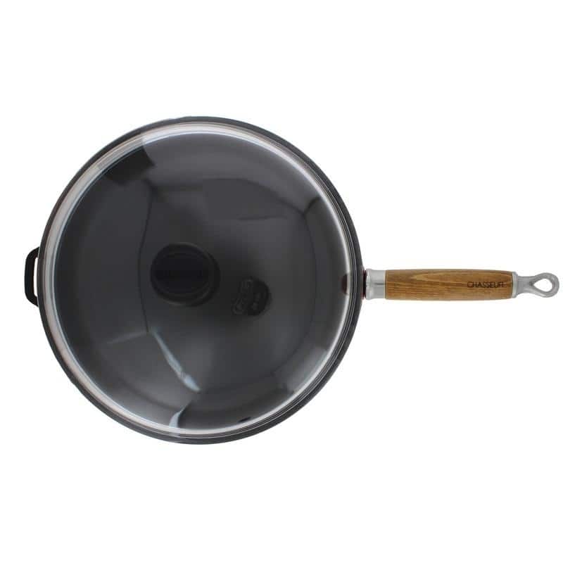 Chasseur 11-inch Red French Enameled Cast Iron Fry pan with Wooden Handle and Glass Lid