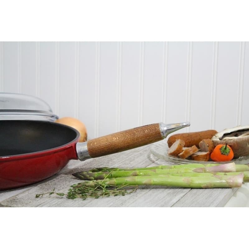 Chasseur 11-inch Red French Enameled Cast Iron Fry pan with Wooden Handle and Glass Lid