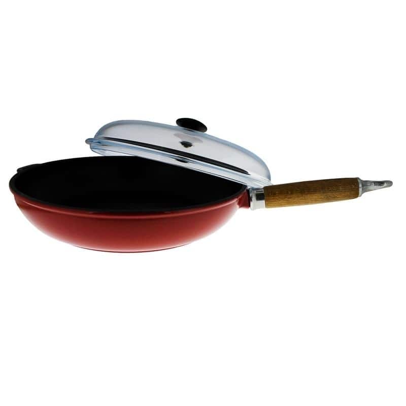 Chasseur 11-inch Red French Enameled Cast Iron Fry pan with Wooden Handle and Glass Lid
