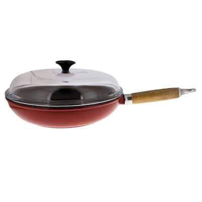 Chasseur 11-inch Red French Enameled Cast Iron Fry pan with Wooden Handle and Glass Lid