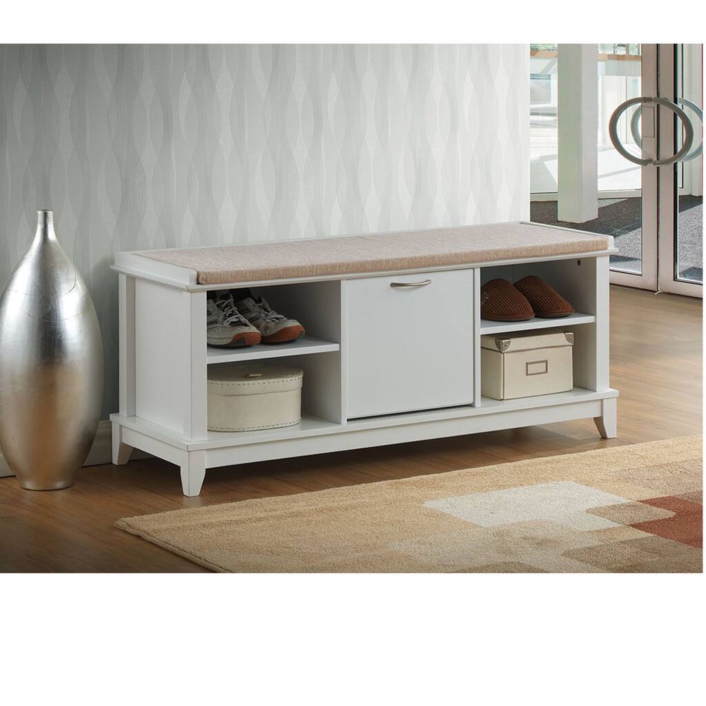 Ramos Contemporary White Solid Wood Shoe Storage Bench With Beige Cotton Fabric Upholstered Seat Cushions With Foam Padding