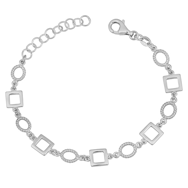 Argento Italia Rhodium Plated Sterling Silver Geometric Oval and Square Adjustable Bracelet