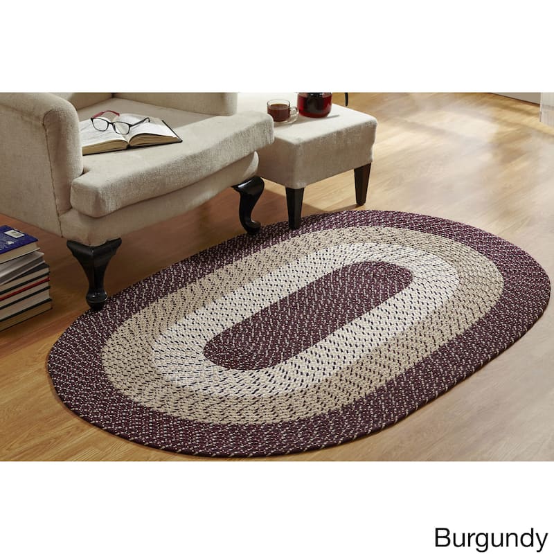 Better Trends Country Braid Collection 2-Piece Set Durable & Stain Resistant Reversible Chair Pads with Ties - Burgundy Stripe - 5'4" x 8'4" Oval