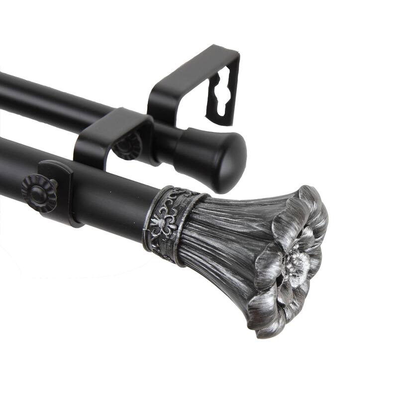 InStyleDesign Floweret 1 Inch Diameter Adjustable Double Curtain Rod - 28 to 48 inches - Black