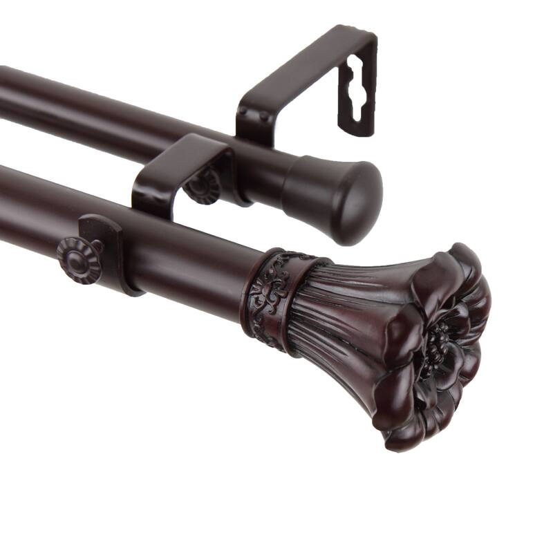 InStyleDesign Floweret 1 Inch Diameter Adjustable Double Curtain Rod - 28 to 48 inches - Mahogany