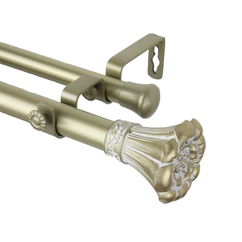 InStyleDesign Floweret 1 Inch Diameter Adjustable Double Curtain Rod - 28 to 48 inches - Light gold