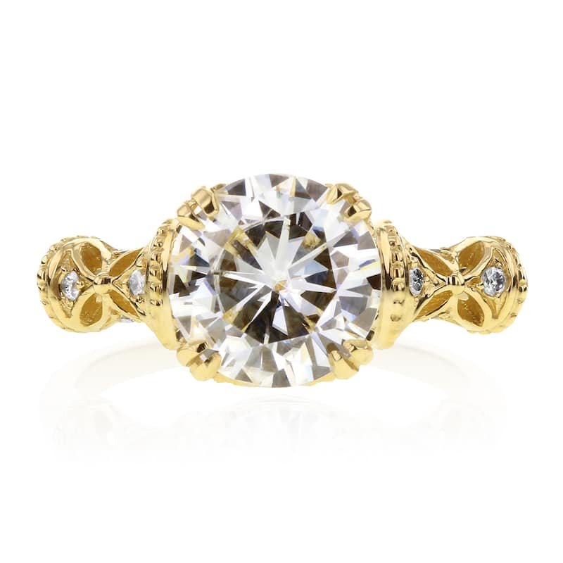 Annello by Kobelli 14k Yellow Gold 1 1/2ct TGW Round-cut Moissanite and Diamond Fancy Art Nouveau Engagement Ring