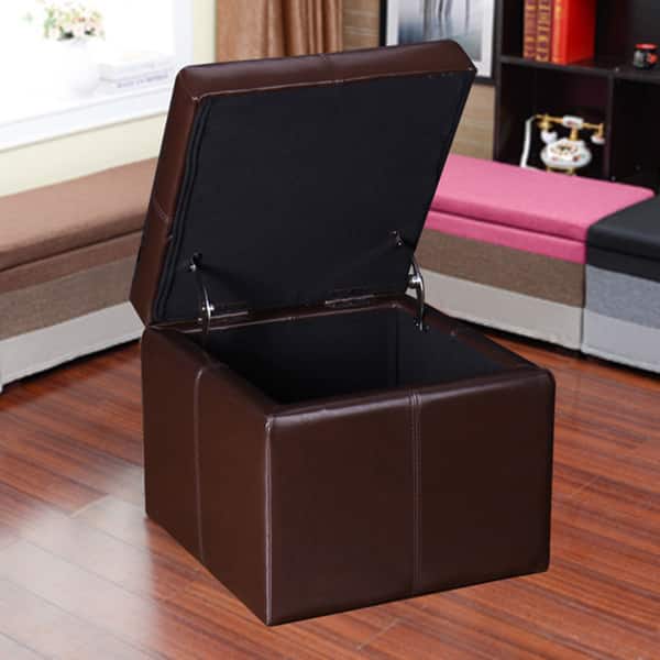 Adeco Bonded Leather Contrast Stitch Square Storage Ottoman Footstool