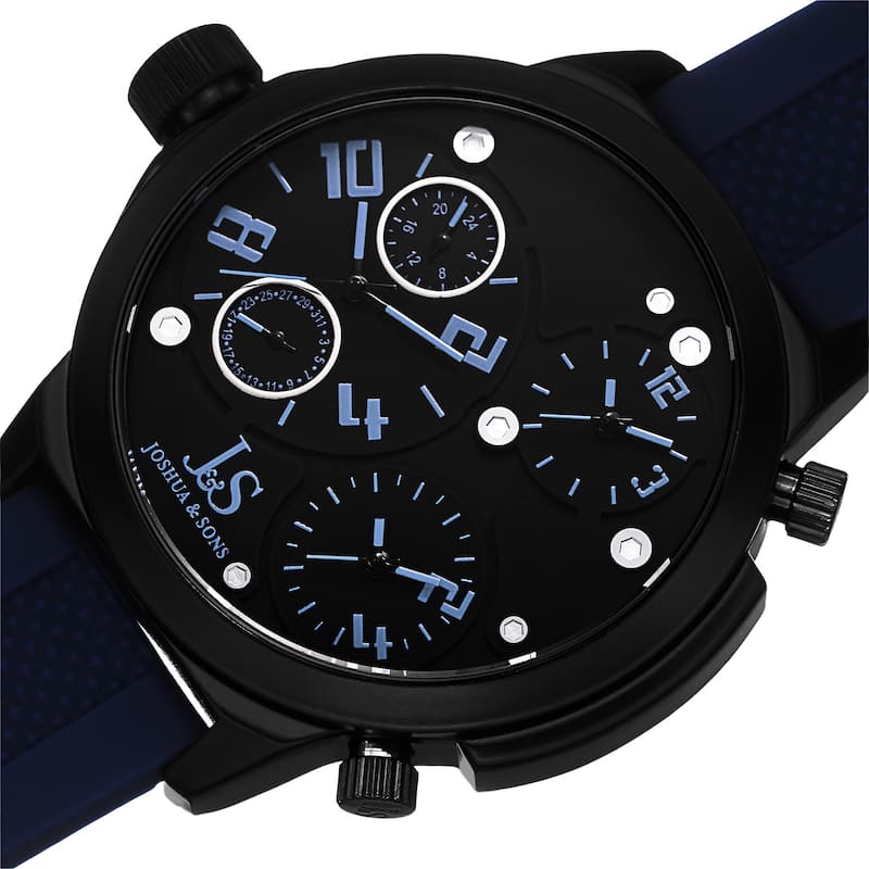 Joshua & Sons Men's Quartz Triple Time-Zone Rubber Blue Strap Watch