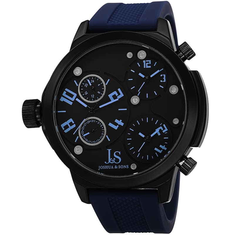 Joshua & Sons Men's Quartz Triple Time-Zone Rubber Blue Strap Watch