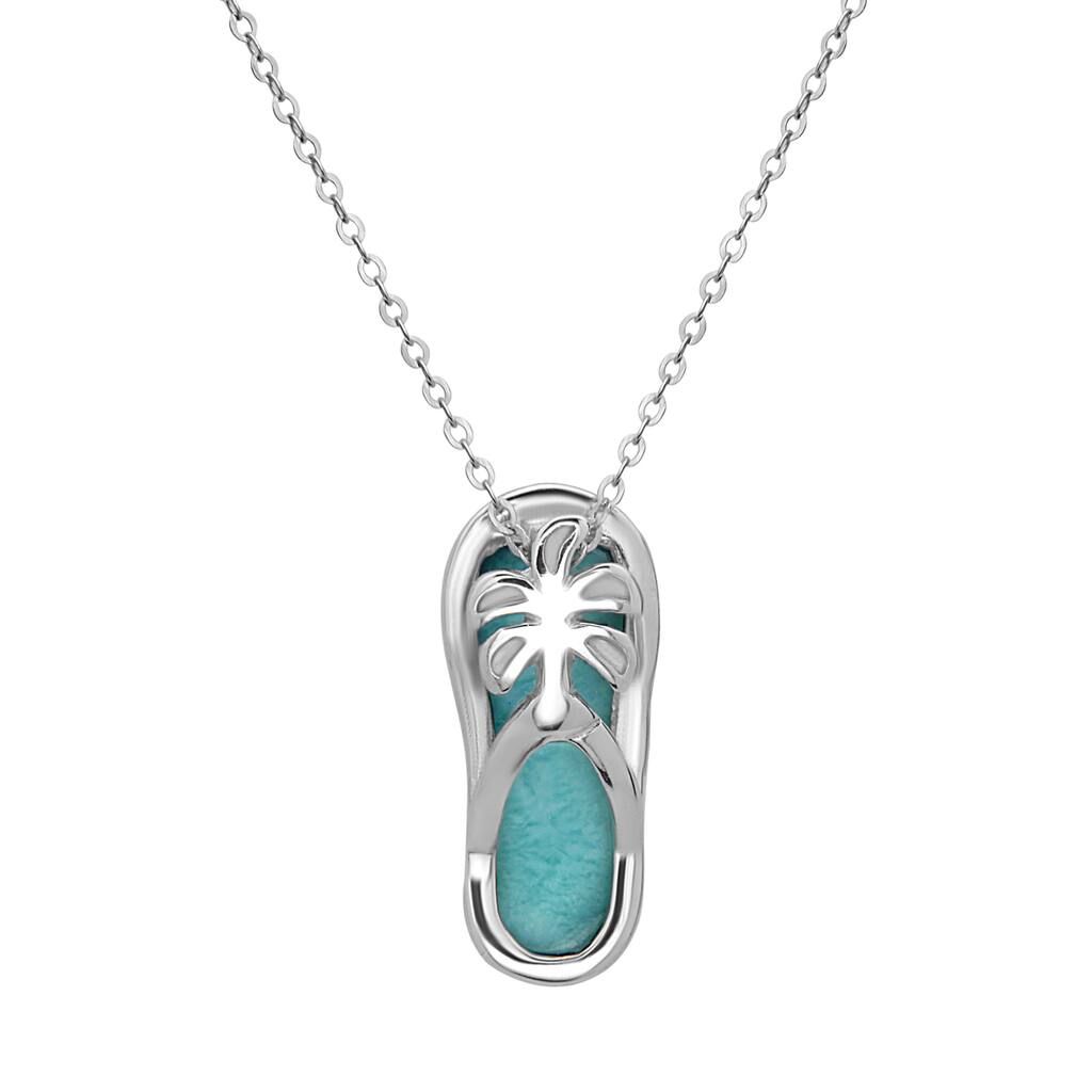 La Preciosa Sterling Silver Larimar Gemstone Flip-flop with Palm Tree Necklace