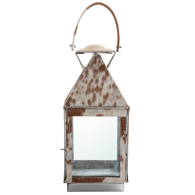 Silver Metal Safari Lantern with Cowhide Accents