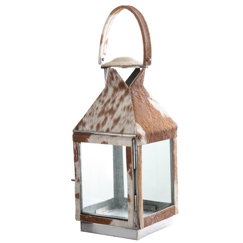Silver Metal Safari Lantern with Cowhide Accents